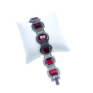 Swarovski Ruby Red Crystal Art Deco Gunmetal Statement Bracelet 7.5" Boxed